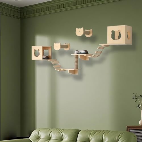KEJIAWU Einfach zu installierende Katzenkletterwand aus Massivholz - Komplettes Set mit Stufen, Hängematte, Plattform und Montageanleitung(9PCS-B) von KEJIAWU