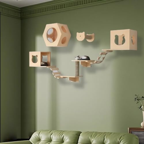KEJIAWU Einfach zu installierende Katzenkletterwand aus Massivholz - Komplettes Set mit Stufen, Hängematte, Plattform und Montageanleitung(9PCS-C) von KEJIAWU