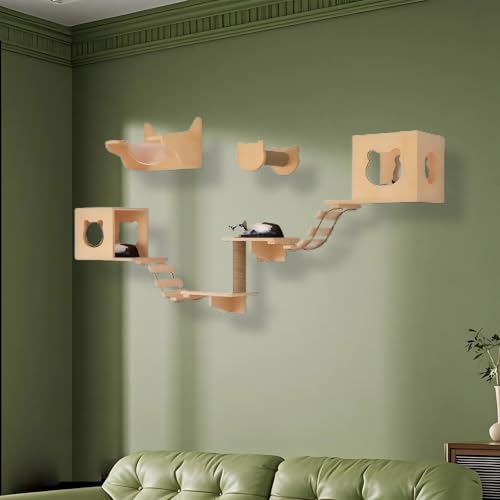 KEJIAWU Einfach zu installierende Katzenkletterwand aus Massivholz - Komplettes Set mit Stufen, Hängematte, Plattform und Montageanleitung(9PCS-D) von KEJIAWU