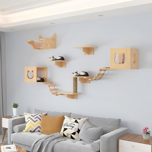 KEJIAWU Hochwertige Katzenkletterwand aus Kiefernholz，Inklusive gemütlicher Höhle, robustem Kratzstamm, Stabiler Leiter und großer Plattform(10-PCS) von KEJIAWU