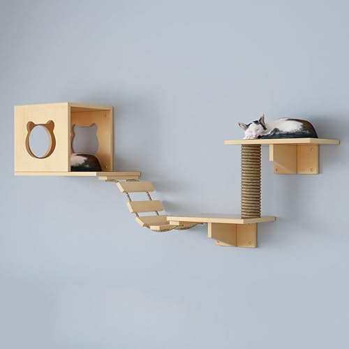 KEJIAWU Hochwertige Katzenkletterwand aus Kiefernholz，Inklusive gemütlicher Höhle, robustem Kratzstamm, Stabiler Leiter und großer Plattform(5PCS) von KEJIAWU