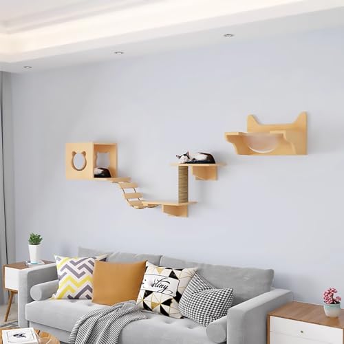 KEJIAWU Hochwertige Katzenkletterwand aus Kiefernholz，Inklusive gemütlicher Höhle, robustem Kratzstamm, Stabiler Leiter und großer Plattform(6PCS) von KEJIAWU