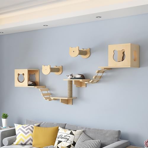 KEJIAWU Hochwertige Katzenkletterwand aus Kiefernholz，Inklusive gemütlicher Höhle, robustem Kratzstamm, Stabiler Leiter und großer Plattform(9PCS-B) von KEJIAWU