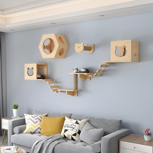 KEJIAWU Hochwertige Katzenkletterwand aus Kiefernholz，Inklusive gemütlicher Höhle, robustem Kratzstamm, Stabiler Leiter und großer Plattform(9PCS-C) von KEJIAWU