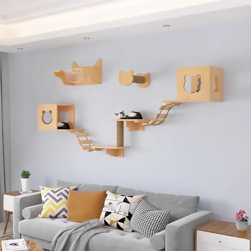 KEJIAWU Hochwertige Katzenkletterwand aus Kiefernholz，Inklusive gemütlicher Höhle, robustem Kratzstamm, Stabiler Leiter und großer Plattform(9PCS-D) von KEJIAWU