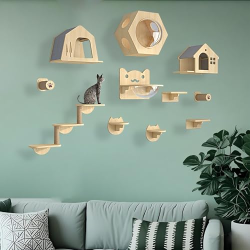 KEJIAWU Katzen Kletterwand Set, Katzen Wand Klettern Katzentreppe Wand, Verdickte Platte ist Robust und Langlebig, Platzsparend, Geschenk for Katze(11PCS) von KEJIAWU