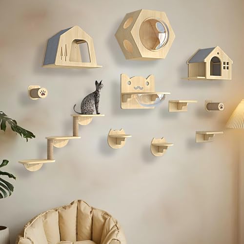KEJIAWU Katzen Kletterwand Set, Katzenwandparkour, Katzen-Sprungplattform zum Spielen, Schlafen und Faulenzen Von Katzen, Platzsparende DIY-Katzen-Kletterwand zum Klettern(11PCS) von KEJIAWU