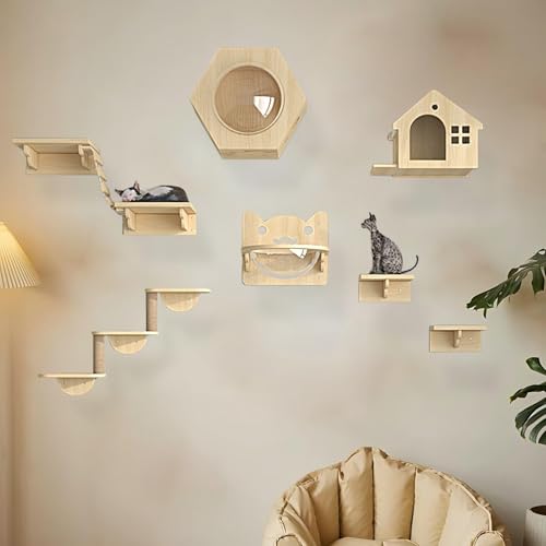KEJIAWU Katzen Kletterwand Set, Katzenwandparkour, Katzen-Sprungplattform zum Spielen, Schlafen und Faulenzen Von Katzen, Platzsparende DIY-Katzen-Kletterwand zum Klettern(9PCS) von KEJIAWU