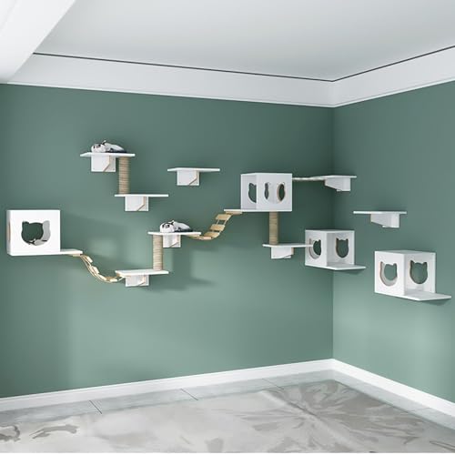 KEJIAWU Katzen-Wandklettergerüst, Weiß Multifunktionales Wandmöbelsystem mit Tunnel, Brücke und Kratzregal – Einfache Montage, Stabil & Platzsparend(18PCS) von KEJIAWU