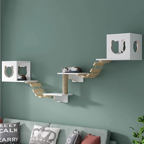 KEJIAWU Katzen-Wandklettergerüst, Weiß Multifunktionales Wandmöbelsystem mit Tunnel, Brücke und Kratzregal – Einfache Montage, Stabil & Platzsparend(7PCS) von KEJIAWU