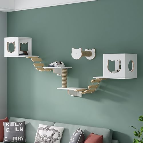 KEJIAWU Katzen-Wandklettergerüst, Weiß Multifunktionales Wandmöbelsystem mit Tunnel, Brücke und Kratzregal – Einfache Montage, Stabil & Platzsparend(8PCS) von KEJIAWU