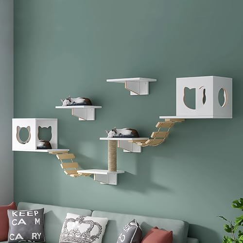 KEJIAWU Katzen-Wandklettergerüst, Weiß Multifunktionales Wandmöbelsystem mit Tunnel, Brücke und Kratzregal – Einfache Montage, Stabil & Platzsparend(9PCS-B) von KEJIAWU