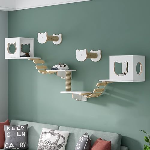 KEJIAWU Katzen-Wandklettergerüst, Weiß Multifunktionales Wandmöbelsystem mit Tunnel, Brücke und Kratzregal – Einfache Montage, Stabil & Platzsparend(9PCS-C) von KEJIAWU