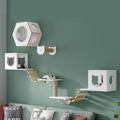KEJIAWU Katzen-Wandklettergerüst, Weiß Multifunktionales Wandmöbelsystem mit Tunnel, Brücke und Kratzregal – Einfache Montage, Stabil & Platzsparend(9PCS-D) von KEJIAWU