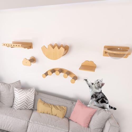 KEJIAWU Katzen-Wandmöbel Mit Regalen, Kratzpfosten, Kratzmatten, Sitzstangen, Ruten, Wandmontierte Katzenhäuser for Indoor-Katzen Und Kätzchen(6PCS-A) von KEJIAWU