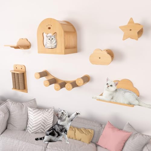 KEJIAWU Katzen-Wandmöbel Mit Regalen, Kratzpfosten, Kratzmatten, Sitzstangen, Ruten, Wandmontierte Katzenhäuser for Indoor-Katzen Und Kätzchen(7PCS-D) von KEJIAWU
