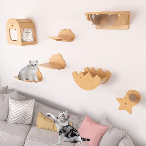 KEJIAWU Katzen-Wandmöbel Mit Regalen, Kratzpfosten, Kratzmatten, Sitzstangen, Ruten, Wandmontierte Katzenhäuser for Indoor-Katzen Und Kätzchen(7PCS-E) von KEJIAWU