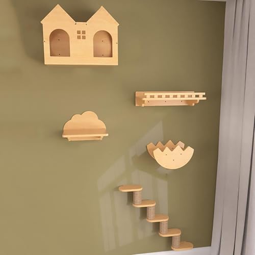 KEJIAWU Katzen-Wandregal-Set, Stabile Holzkletterwand mit Sitzplatz, Brücke, Kondomin, Katzenhammock, Zum Klettern, Schlafen und Spielen(5PCS) von KEJIAWU
