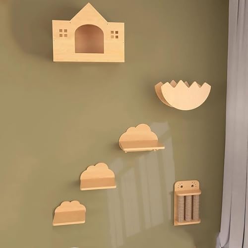 KEJIAWU Katzen-Wandregal-Set, Stabile Holzkletterwand mit Sitzplatz, Brücke, Kondomin, Katzenhammock, Zum Klettern, Schlafen und Spielen(6PCS) von KEJIAWU