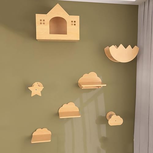 KEJIAWU Katzen-Wandregal-Set, Stabile Holzkletterwand mit Sitzplatz, Brücke, Kondomin, Katzenhammock, Zum Klettern, Schlafen und Spielen(7PCS-A) von KEJIAWU