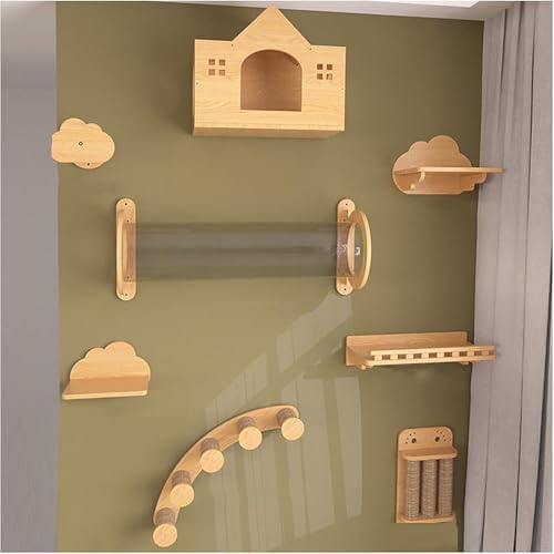 KEJIAWU Katzen-Wandregal-Set, Stabile Holzkletterwand mit Sitzplatz, Brücke, Kondomin, Katzenhammock, Zum Klettern, Schlafen und Spielen(8PCS) von KEJIAWU