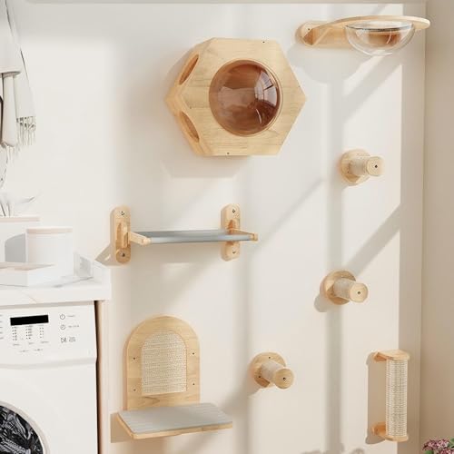 KEJIAWU Katzen Wandregale aus Holz, Katzenmöbel for Große und Kleine Katzen, Transparente Wandbetten zum Schlafen und Ausruhen(7PCS) von KEJIAWU