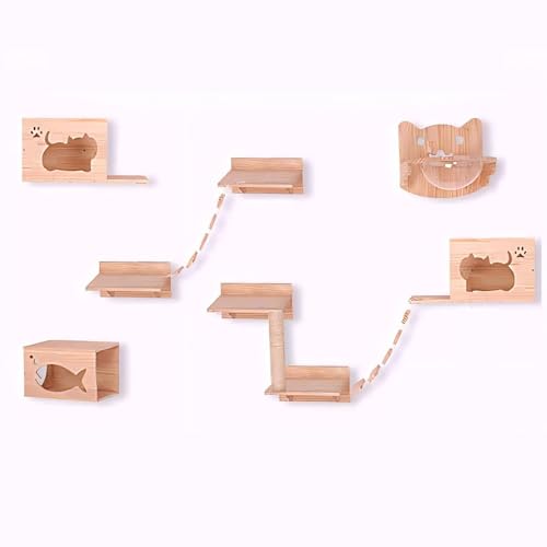 KEJIAWU Katzen Wandregale und Kletterplattformen, Kletterset for Mehrere Katzen, Platzsparend, Holz-Kratzbaum mit Hängematte Einfach zu Montieren(11PCS) von KEJIAWU