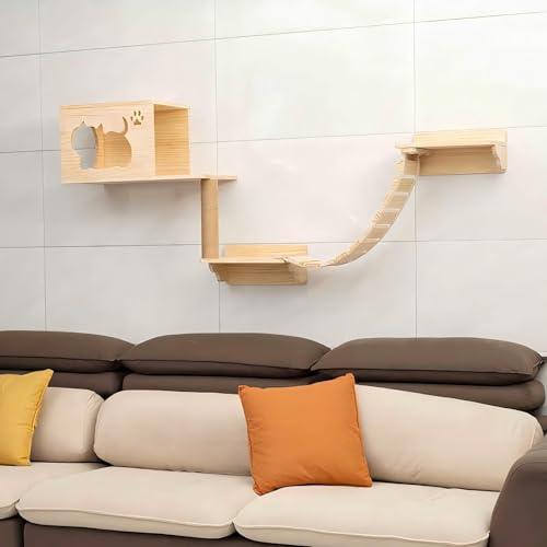 KEJIAWU Katzen Wandregale und Kletterplattformen, Kletterset for Mehrere Katzen, Platzsparend, Holz-Kratzbaum mit Hängematte Einfach zu Montieren(5PCS) von KEJIAWU