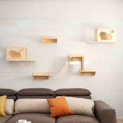 KEJIAWU Katzen Wandregale und Kletterplattformen, Kletterset for Mehrere Katzen, Platzsparend, Holz-Kratzbaum mit Hängematte Einfach zu Montieren(8PCS-A) von KEJIAWU