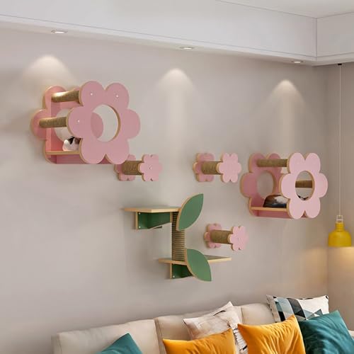 KEJIAWU Katzenkletterwand Set aus Massivholz，Robuste Wandmontage mit Kratzbaum, Hängematte & Treppe for Indoor-Katzen，Spiel- & Ruhebereich(6PCS) von KEJIAWU
