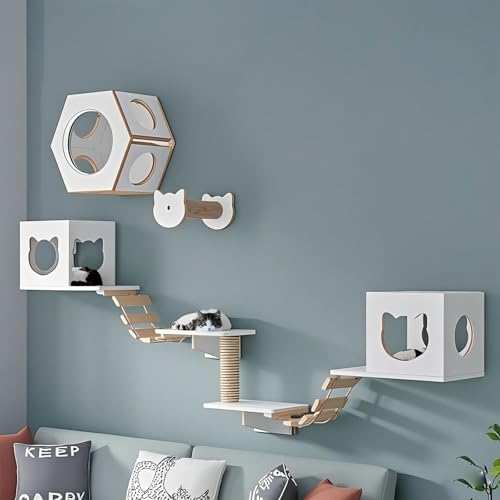 KEJIAWU Katzenmöbel Wandmontage - Set mit Plattformen, Kratzfläche und Schlafplatz - Einfache Installation for Mehr Spaß(9PCS-D) von KEJIAWU