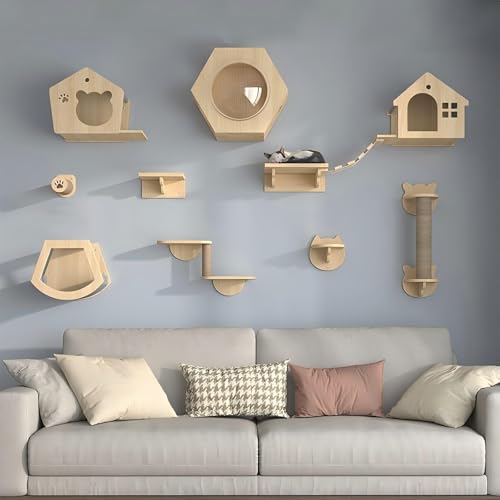 KEJIAWU Kletterwand Katzen, Katzen Kletterwand Set, Deckenlaufsteg mit Kratzpfosten, Hängematte, Haus, Stufen und Baum - Wandmöbel for Große und Kleine Katzen(10PCS) von KEJIAWU