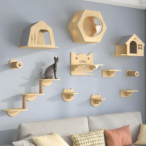 KEJIAWU Kletterwand Katzen, Katzen Kletterwand Set, Deckenlaufsteg mit Kratzpfosten, Hängematte, Haus, Stufen und Baum - Wandmöbel for Große und Kleine Katzen(11PCS) von KEJIAWU