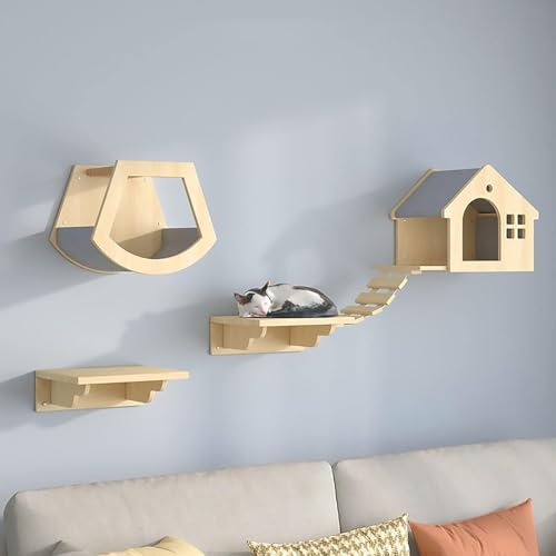 KEJIAWU Kletterwand Katzen, Katzen Kletterwand Set, Deckenlaufsteg mit Kratzpfosten, Hängematte, Haus, Stufen und Baum - Wandmöbel for Große und Kleine Katzen(4PCS) von KEJIAWU