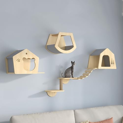 KEJIAWU Kletterwand Katzen, Katzen Kletterwand Set, Deckenlaufsteg mit Kratzpfosten, Hängematte, Haus, Stufen und Baum - Wandmöbel for Große und Kleine Katzen(5PCS) von KEJIAWU