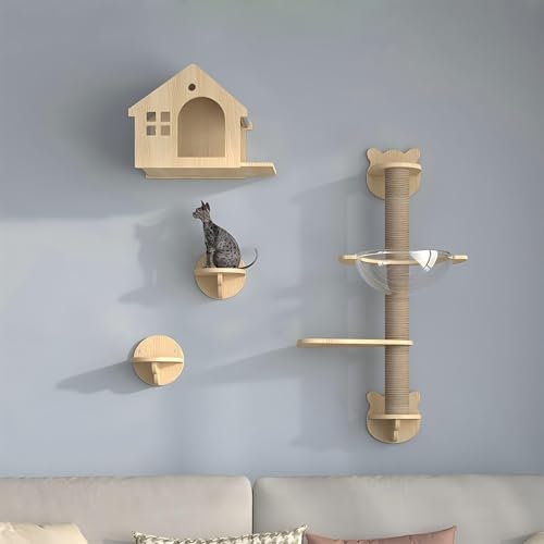 KEJIAWU Kletterwand Katzen, Katzen Kletterwand Set, Deckenlaufsteg mit Kratzpfosten, Hängematte, Haus, Stufen und Baum - Wandmöbel for Große und Kleine Katzen(6PCS) von KEJIAWU