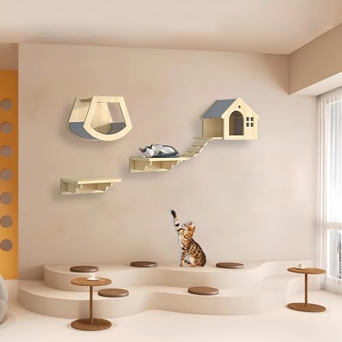 KEJIAWU Kletterwand Katzen Holz, Katzen Kletterwand, Katzenregale und Sitzstangen for die Wand, Platzsparende DIY-Katzen-Kletterwand zum Klettern, Schlafen und Spielen(4PCS) von KEJIAWU