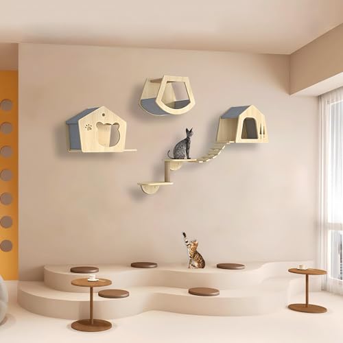 KEJIAWU Kletterwand Katzen Holz, Katzen Kletterwand, Katzenregale und Sitzstangen for die Wand, Platzsparende DIY-Katzen-Kletterwand zum Klettern, Schlafen und Spielen(5PCS) von KEJIAWU