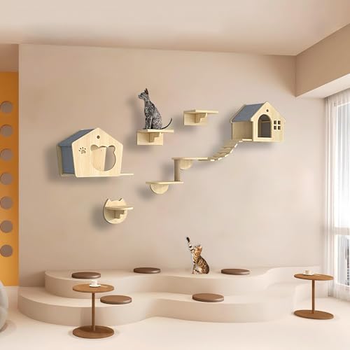 KEJIAWU Kletterwand Katzen Holz, Katzen Kletterwand, Katzenregale und Sitzstangen for die Wand, Platzsparende DIY-Katzen-Kletterwand zum Klettern, Schlafen und Spielen(7PCS) von KEJIAWU