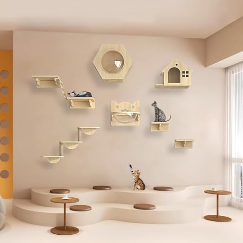 KEJIAWU Kletterwand Katzen Holz, Katzen Kletterwand, Katzenregale und Sitzstangen for die Wand, Platzsparende DIY-Katzen-Kletterwand zum Klettern, Schlafen und Spielen(9PCS) von KEJIAWU