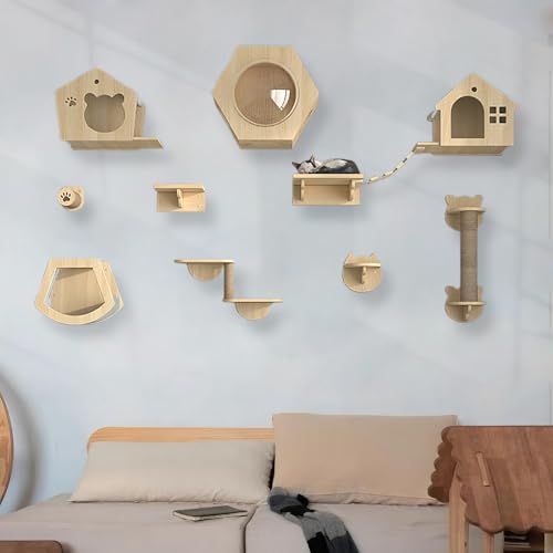 KEJIAWU Kletterwand Katzen Holz, Katzen Kletterwand, Katzenregale und Sitzstangen for die Wand, Verdickte Platte ist Robust und Langlebig, Schlafen und Spielen(10PCS) von KEJIAWU