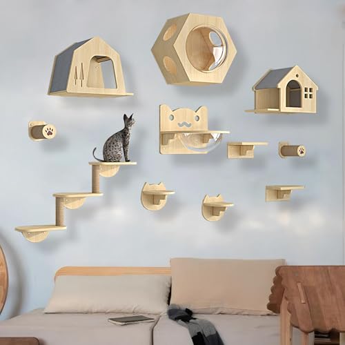 KEJIAWU Kletterwand Katzen Holz, Katzen Kletterwand, Katzenregale und Sitzstangen for die Wand, Verdickte Platte ist Robust und Langlebig, Schlafen und Spielen(11PCS) von KEJIAWU