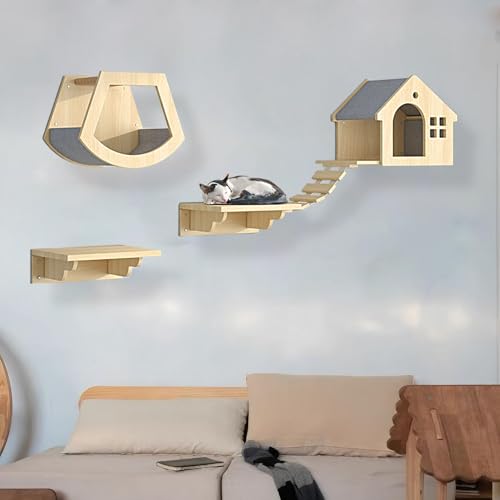 KEJIAWU Kletterwand Katzen Holz, Katzen Kletterwand, Katzenregale und Sitzstangen for die Wand, Verdickte Platte ist Robust und Langlebig, Schlafen und Spielen(4PCS) von KEJIAWU