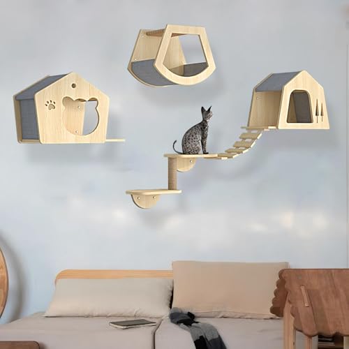 KEJIAWU Kletterwand Katzen Holz, Katzen Kletterwand, Katzenregale und Sitzstangen for die Wand, Verdickte Platte ist Robust und Langlebig, Schlafen und Spielen(5PCS) von KEJIAWU