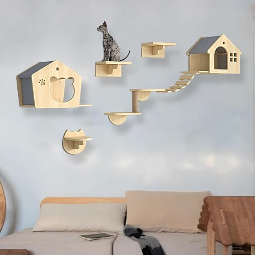 KEJIAWU Kletterwand Katzen Holz, Katzen Kletterwand, Katzenregale und Sitzstangen for die Wand, Verdickte Platte ist Robust und Langlebig, Schlafen und Spielen(7PCS) von KEJIAWU