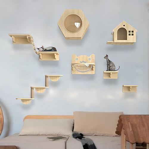 KEJIAWU Kletterwand Katzen Holz, Katzen Kletterwand, Katzenregale und Sitzstangen for die Wand, Verdickte Platte ist Robust und Langlebig, Schlafen und Spielen(9PCS) von KEJIAWU