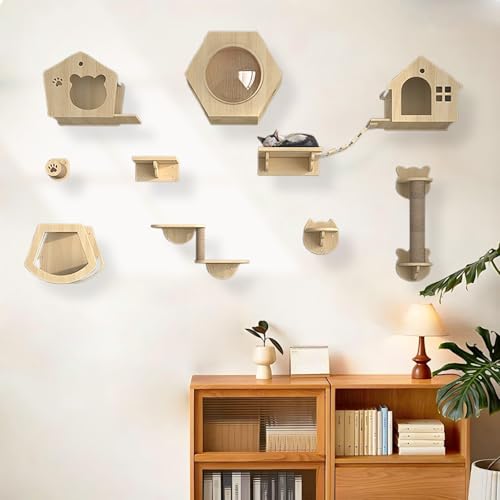 KEJIAWU Kletterwand Katzen Holz, Katzen Kletterwand, Katzenwandparkour, Katzen-Sprungplattform zum Spielen, Katzen-Sprungplattform zum Spielen, Schlafen und Faulenzen Von Katzen(10PCS) von KEJIAWU