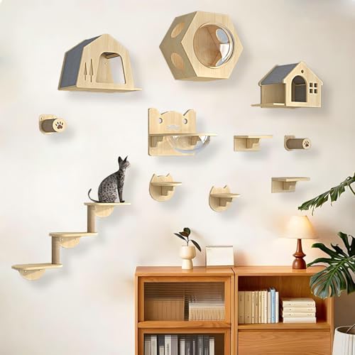 KEJIAWU Kletterwand Katzen Holz, Katzen Kletterwand, Katzenwandparkour, Katzen-Sprungplattform zum Spielen, Katzen-Sprungplattform zum Spielen, Schlafen und Faulenzen Von Katzen(11PCS) von KEJIAWU