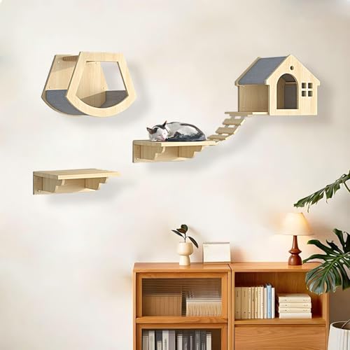 KEJIAWU Kletterwand Katzen Holz, Katzen Kletterwand, Katzenwandparkour, Katzen-Sprungplattform zum Spielen, Katzen-Sprungplattform zum Spielen, Schlafen und Faulenzen Von Katzen(4PCS) von KEJIAWU