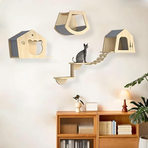 KEJIAWU Kletterwand Katzen Holz, Katzen Kletterwand, Katzenwandparkour, Katzen-Sprungplattform zum Spielen, Katzen-Sprungplattform zum Spielen, Schlafen und Faulenzen Von Katzen(5PCS) von KEJIAWU